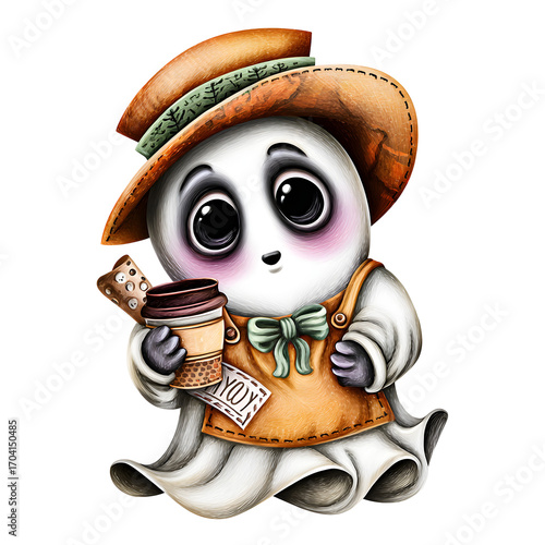 Adorable watercolor PNG of a smiling ghost enjoying a hot coffee, isolated on a transparent background. Great for cozy fall designs, Halloween crafts, and cute seasonal illustrations