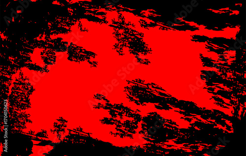 Abstract red and black grunge background features distressed brush strokes and chaotic paint textures, creating a bold and edgy look. Ideal for use in digital art, posters, wallpapers, album covers.