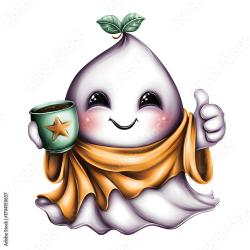 Watercolor PNG of a cute little ghost holding a warm coffee cup, isolated on a transparent background. Perfect for cozy Halloween designs, autumn decor, and whimsical seasonal art.
