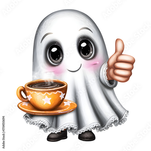 Watercolor PNG of a cute little ghost holding a warm coffee cup, isolated on a transparent background. Perfect for cozy Halloween designs, autumn decor, and whimsical seasonal art.