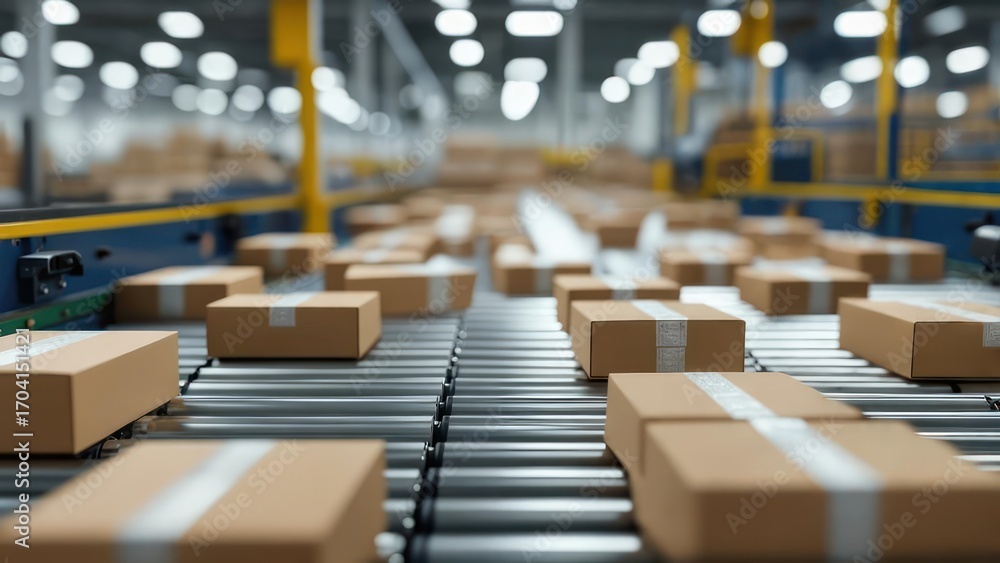 Fototapeta premium Cardboard boxes move along a conveyor belt in a warehouse