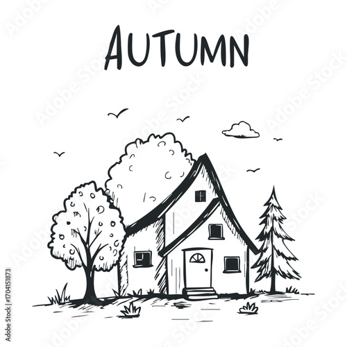 Autumn scene featuring a cozy house surrounded by trees nature illustration tranquil environment artistic viewpoint. Vector illustration