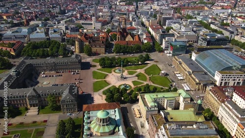 Aerial panorama view around the downtown of the city Stuttgart in Germany on sunny spring day.