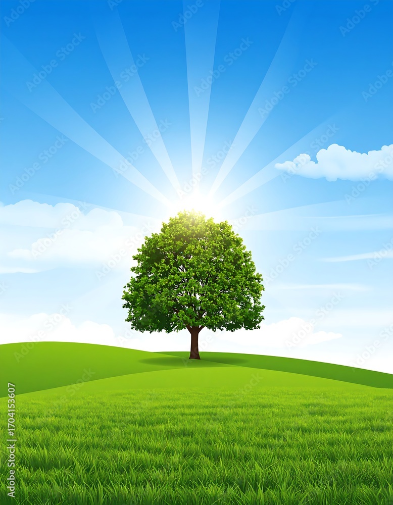 Fototapeta premium Lush green field with lone tree under bright sun