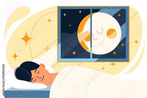Koncepcja zdrowego snu i nocnej regeneracji. Spokojny mężczyzna śpi w łóżku pod uśmiechniętym księżycem, mając słodkie sny.