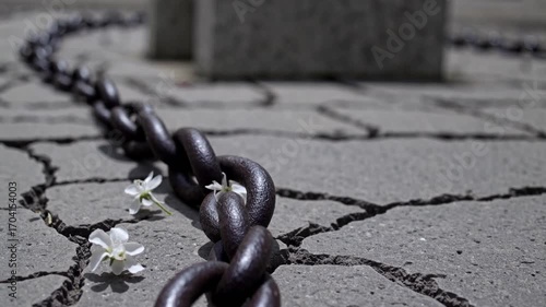 Chain links resting on cracked concrete ground, intertwined with delicate white flowers, illustrating a poignant contrast between strength and fragility in a visually striking scene of nature and indu