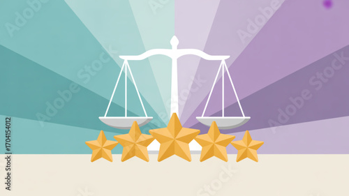 Scales of justice with five star rating for law firm legal services and business reputation online review