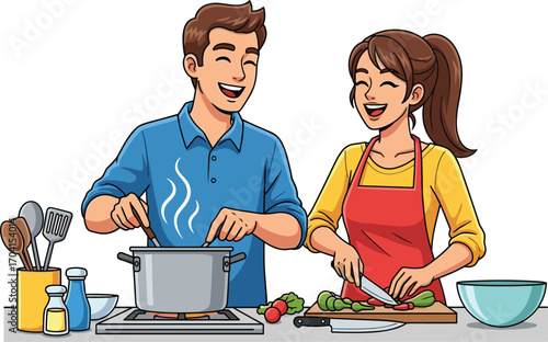 Smiling couple cooking together in modern kitchen, chopping vegetables, preparing healthy food, teamwork, home chef activity, flat vector illustration