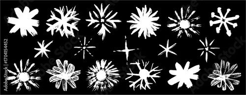 Set of pastel white snowflakes. Drawn in squiggle marker, chalk, charcoal and crayon for frozen, waxy Christmas crystal look. Cute child-inspired holiday vector of abstract stars or flowers collection