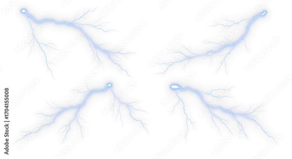 Fototapeta premium Set of blue lightning bolt strike png, thunderstorm or light effect isolated on transparent cut out background