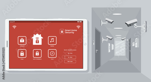 Smart home security interface displayed on tablet with surveillance cameras in modern hallway