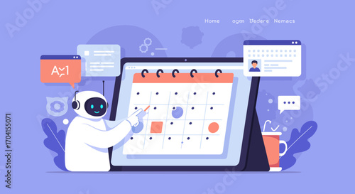 Futuristic ai robot planning with a digital calendar in a minimalist workspace