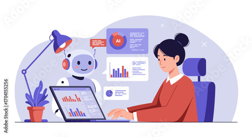 Ai assistant helping businesswoman with data analysis in modern office setting