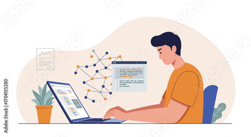 Developer programming with data visualization and code on laptop screen in modern workspace