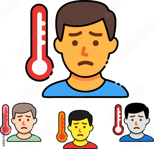 Illustrations of sick people with high fevers and thermometers for healthcare campaigns or medical guides, depicting contagious illness and the importance of monitoring body temperature