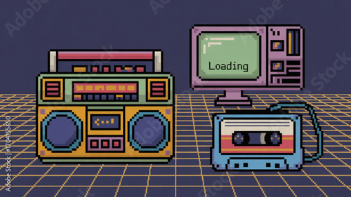 Retro pixel art design featuring boombox cassette player and old computer with loading screen design