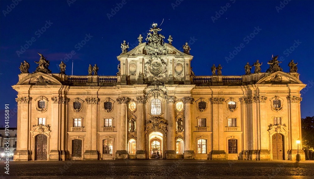 Obraz premium Illuminated Royal Palace Facade at Dusk with Dramatic Sky.