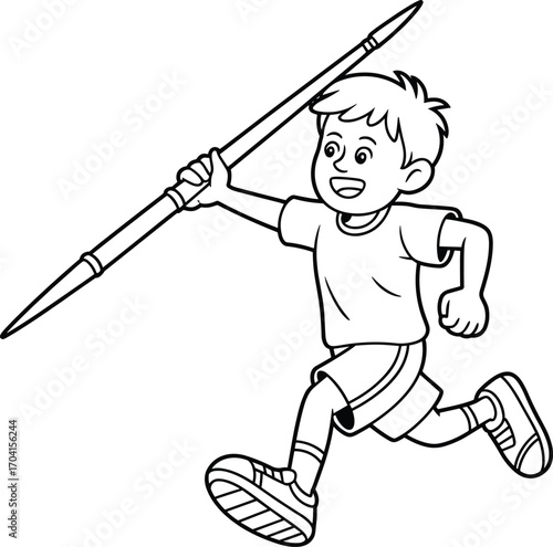 Happy boy running and holding javelin in kids sports game, energetic child participating in outdoor athletics, active children exercise and play, childhood fitness fun
