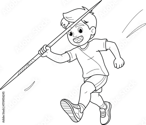 Excited boy running and throwing javelin in sports competition, energetic child playing outdoor athletics, active kids exercise, childhood physical fitness fun