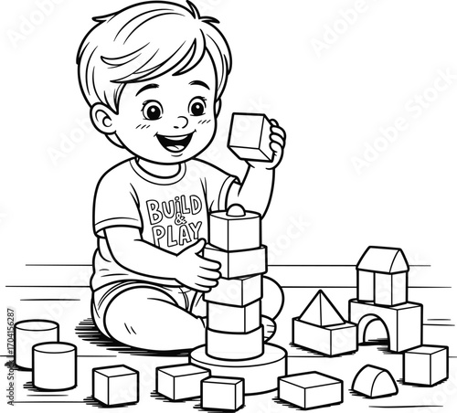Happy toddler boy building tower with wooden blocks, creative playtime activity indoors, early childhood education, preschool learning and development fun
