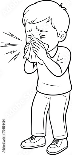 Young boy sneezing into tissue, allergy symptoms, cold and flu, sick child, runny nose, illness, health care, seasonal allergies, child health problem, sneezing attack