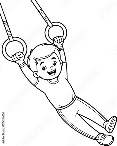 Happy young boy playing on gymnastic rings, child exercising, kids fitness activity, outdoor play, strength training, healthy lifestyle, active childhood illustration
