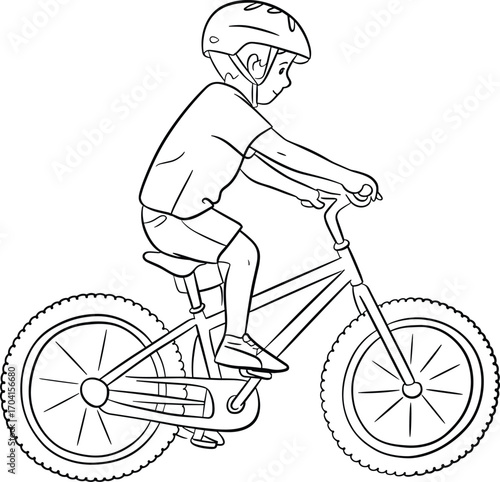 Black and white line art illustration of a young child wearing helmet riding bicycle, kids cycling safety, outdoor activity, healthy lifestyle, children biking image