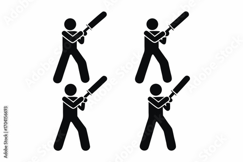 set of Cricket batsman hitting ball  icon silhouette vector isolated on white background