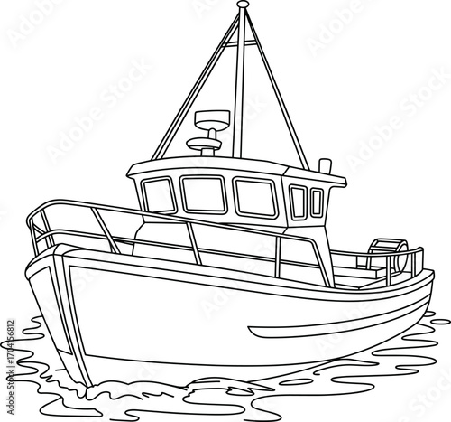 Modern fishing boat sailing on water, black and white line art, nautical transportation illustration, commercial vessel, sea navigation, marine sketch, ocean travel