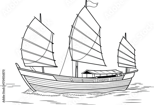 Traditional Chinese junk boat on water, black and white line art, vintage Asian sailboat illustration, cultural heritage, historical maritime travel scene