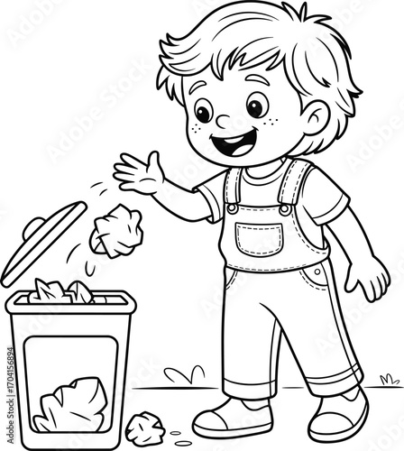 Smiling boy throwing paper into trash bin, cartoon illustration teaching children cleanliness, environmental responsibility, waste disposal, recycling habits, eco awareness, outdoor scene