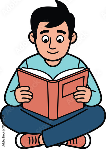 Cartoon boy reading book while sitting cross legged, student studying education illustration, learning knowledge concept design for school vector.