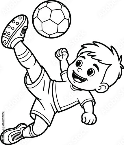 Cute cartoon boy playing soccer, black and white coloring page, happy kid kicking football, fun sports activity illustration for children