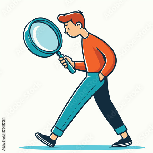 Cartoon illustration of person walking with magnifying glasses