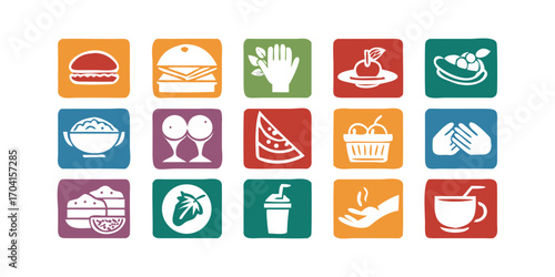 A vector icon set for a summer vacation menu, with symbols for food and drinks like coffee cups