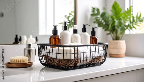 Wallpaper Mural Bathroom countertop with skincare products in a basket Torontodigital.ca