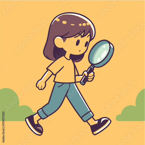 Cartoon illustration of person walking with magnifying glasses
