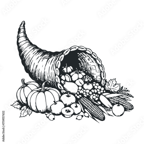 Harvest celebration cornucopia displaying seasonal fruits and vegetables rustic setting graphic illustration. Vector illustration