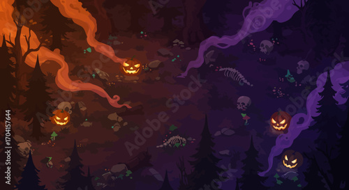 Halloween scene with pumpkins, skeletons, and spooky smoke in a dark forest.