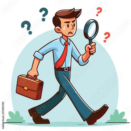 Cartoon illustration of person walking with magnifying glasses