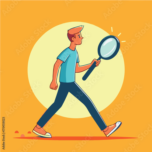 Cartoon illustration of person walking with magnifying glasses