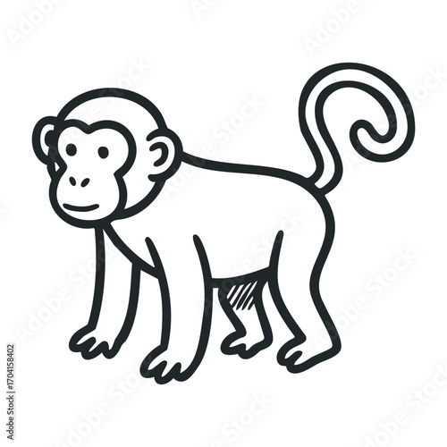 Playful monkey exploring its habitat in a lush jungle environment from a ground level perspective. Vector illustration