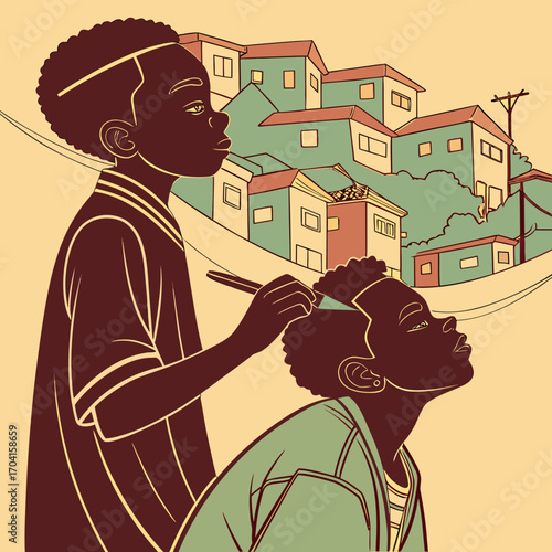 Vector Silhouette of Two Boys in Brazilian Favela Painting Hair Representing Urban Youth and Street Culture
