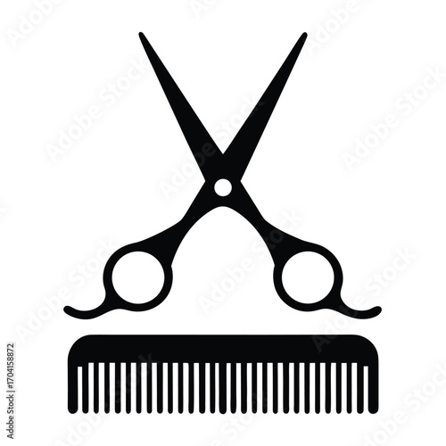 Black silhouette of open scissors above a comb on white background haircut barber