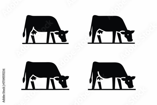set of cow grazing icon  silhouette vector isolated on white background