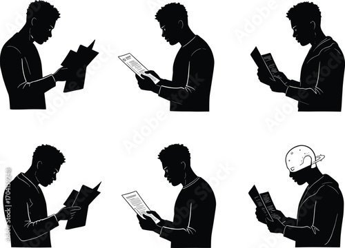Silhouette people reading documents and tablets in various poses, including humorous colander scene, ideal for editorial, satire, and education themes
