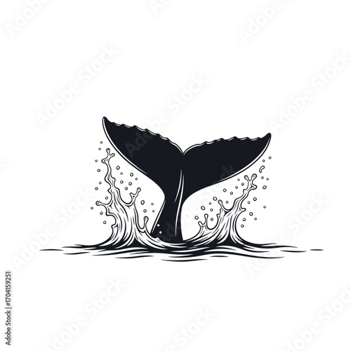 Whale Tail Splashing in Ocean Waves - Marine Life Illustration - Nature Graphic Art