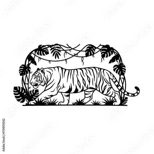 Majestic Tiger Walking Through Lush Jungle, Animal Illustration, Nature Scene, Vibrant Environment, Side View, Wild Concept