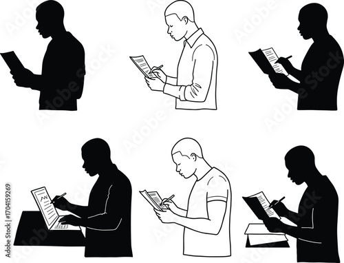 Silhouette people reading writing studying with paper notebook laptop books, academic concentration illustration for education, work, school, productivity themes
