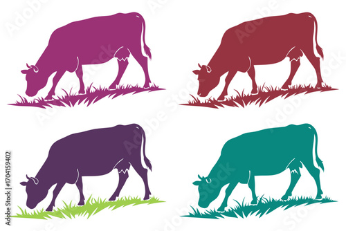 set of cow grazing silhouette vector isolated on white background